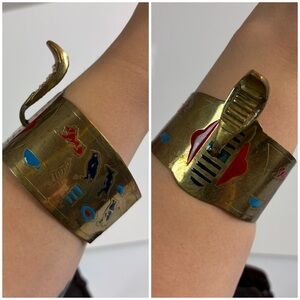 Vintage Egyptian Revival Brass Cuff Bracelet Enamel Cobra Snake mid century